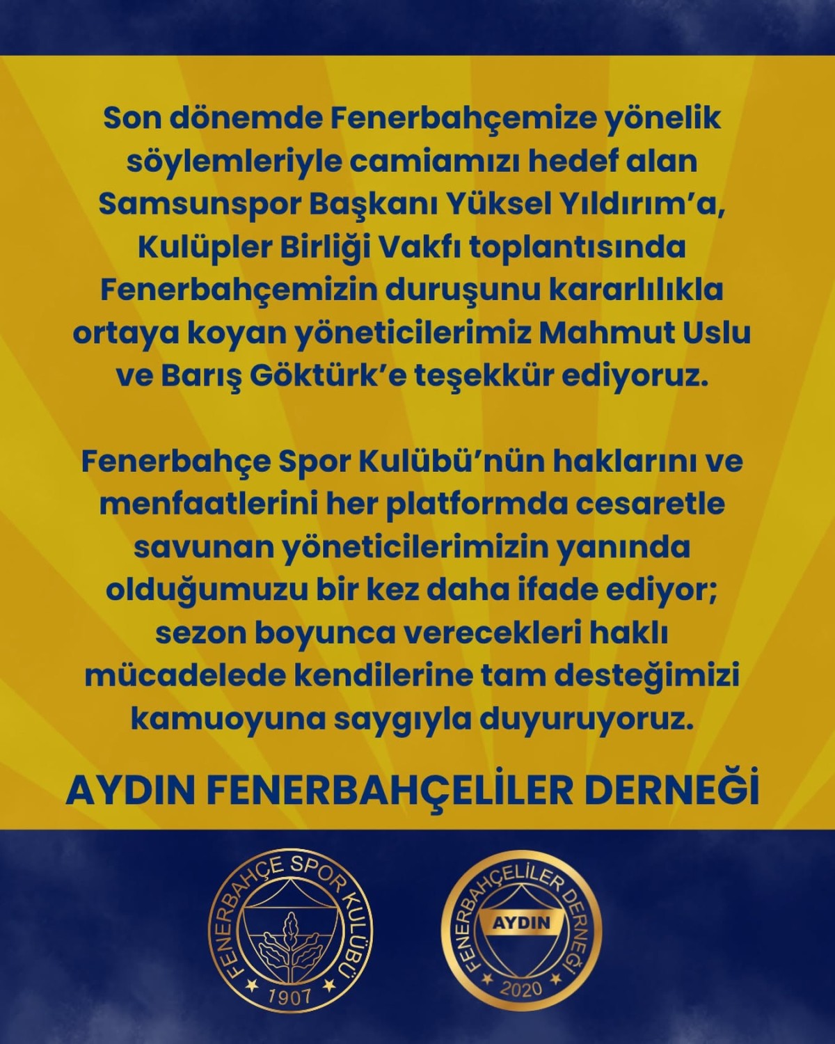 Aydın Fenerbahçeliler Derneği'nden Yüksel Yıldırım'a Sert Tepki: 