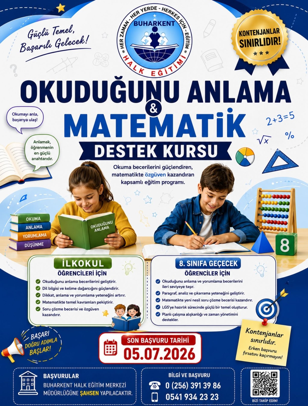 Buharkent'te Okuduğunu Anlama ve Matematik Destek Kursu Başlıyor: Başvurular Açıldı